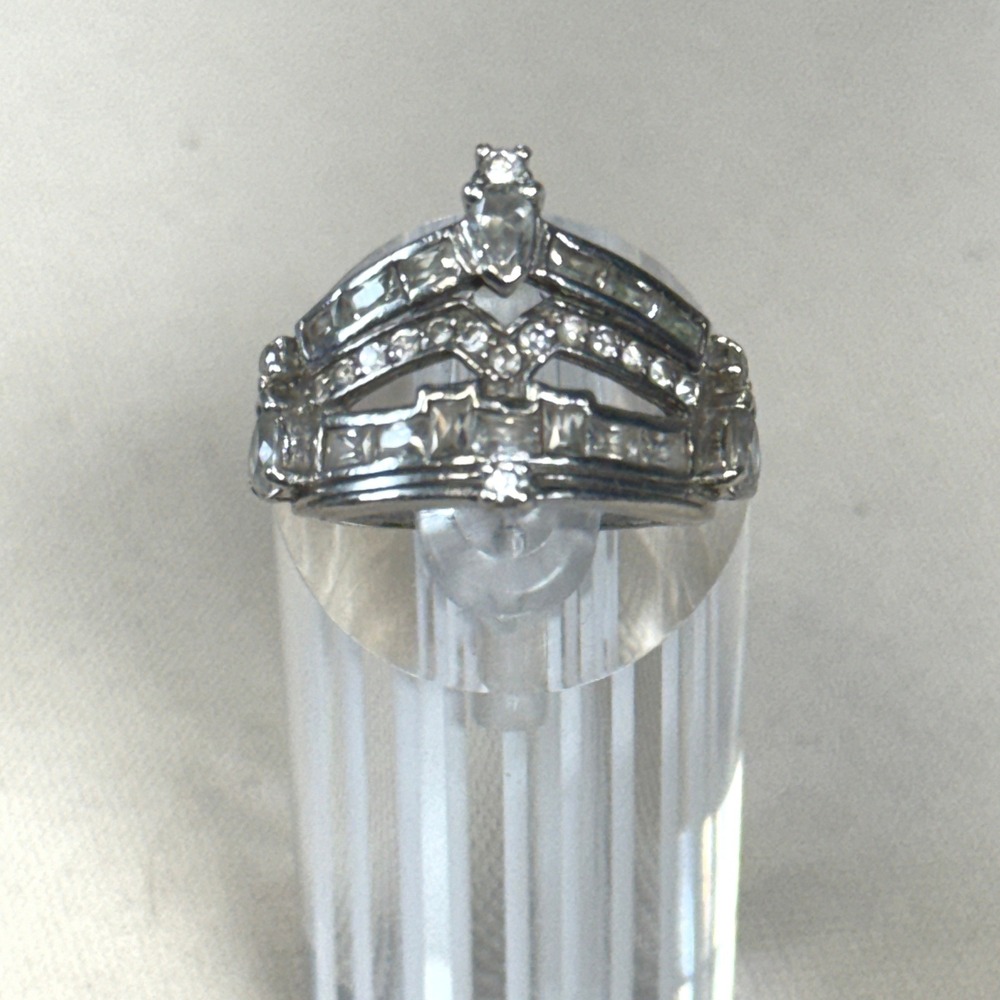 Sterling Silver 925 Clear‎ Stone Multi Tiered Crown Tiara Statement Ring 5.75